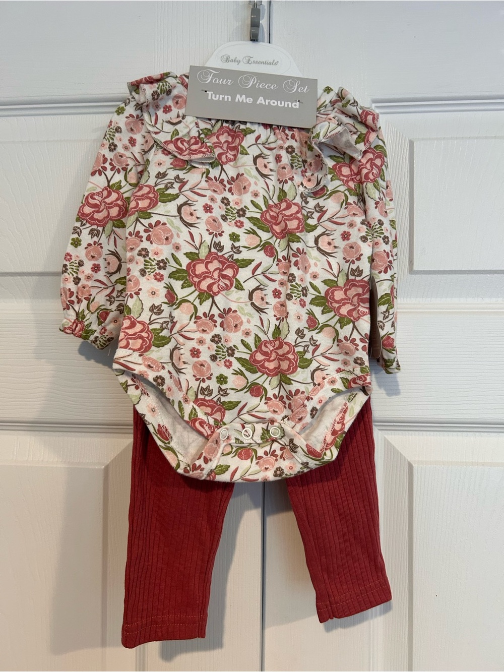 Four Piece Floral Ruffle Long-Sleeve Bodysuit with Pink Ribbed Leggings